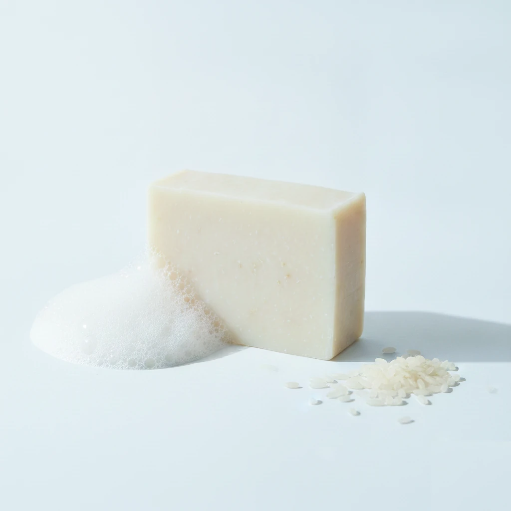 大米溫潤皂的奶感泡沫與米粒特寫